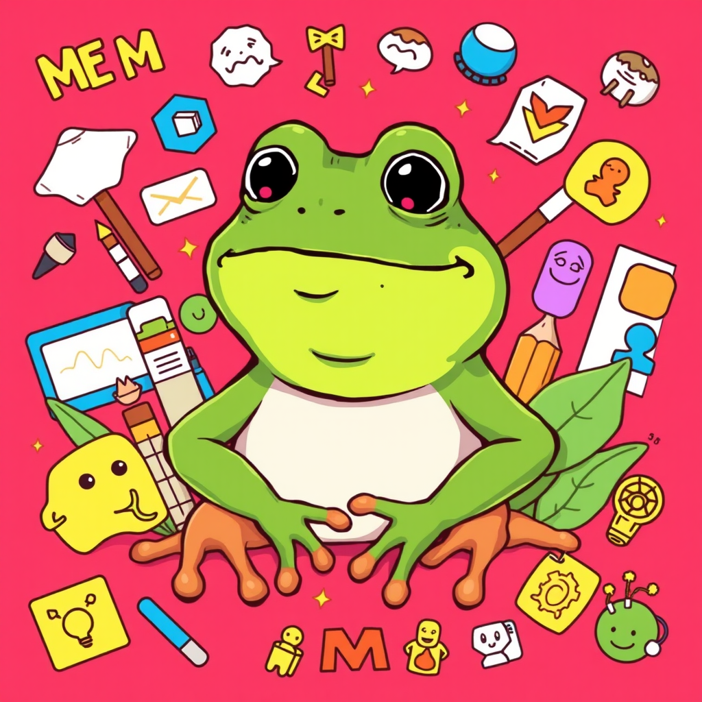 Vibrant illustration showing Pepe the frog character surrounded by various meme elements, digital art tools, and community symbols representing internet culture