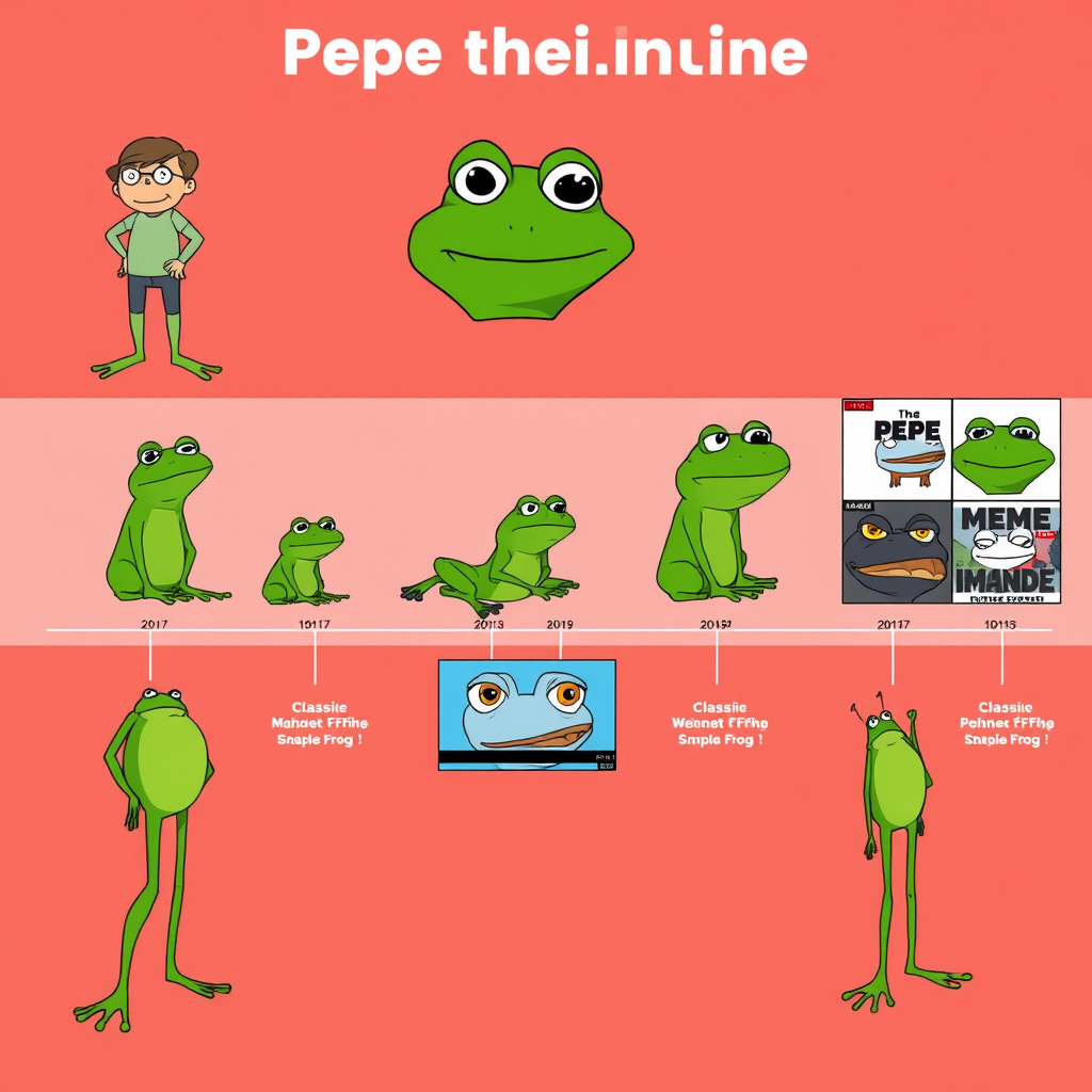 A detailed timeline illustration showing Pepe the frog's transformation from Matt Furie's original Boys Club comic character to various internet meme formats, featuring classic green frog alongside modern digital interpretations