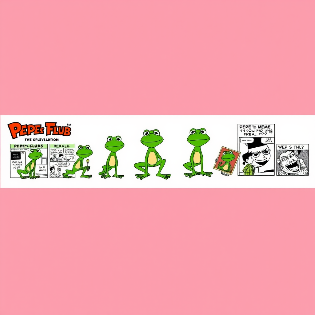 Evolution timeline showing Pepe the frog character transforming from original Boys Club comic strip art to various internet meme formats, displayed as a horizontal progression with vintage comic panels transitioning to modern digital meme variations
