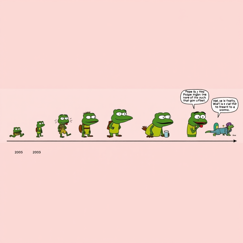 Timeline showing Pepe's evolution from Matt Furie's original Boys Club comic character to modern internet meme icon, featuring key moments from 2005 to present day