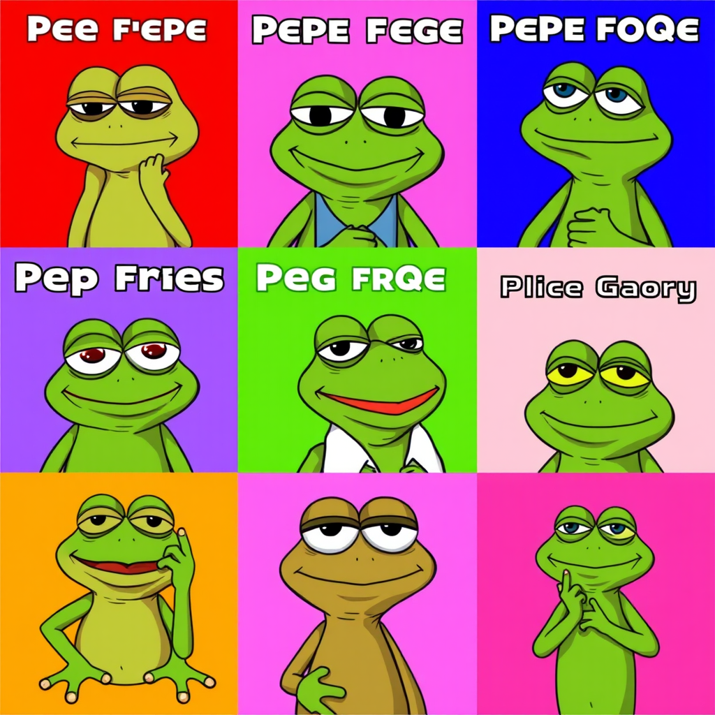 A vibrant collage showcasing various Pepe the Frog meme variations including sad Pepe, happy Pepe, thinking Pepe, and other popular formats arranged in a grid layout with colorful backgrounds