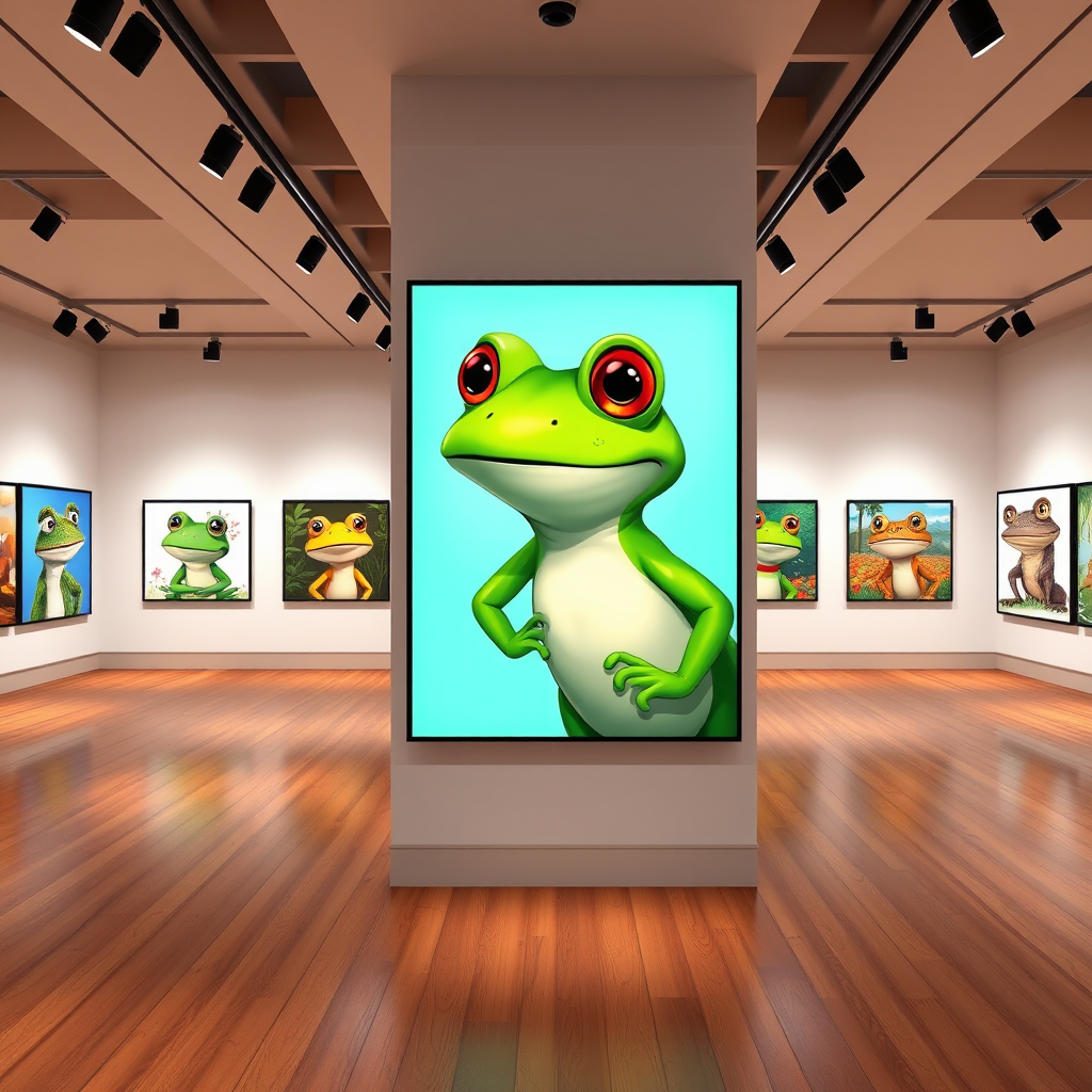 A vibrant digital art gallery showcase featuring multiple artistic interpretations of Pepe the frog character displayed on modern gallery walls with professional lighting