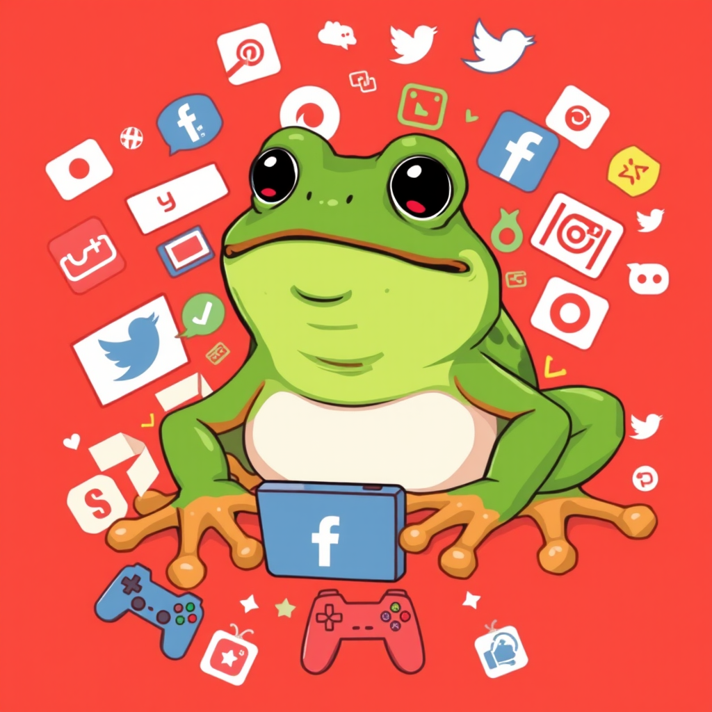 Digital illustration showing Pepe the frog surrounded by various internet symbols, social media icons, and gaming elements, representing his widespread cultural influence across online platforms
