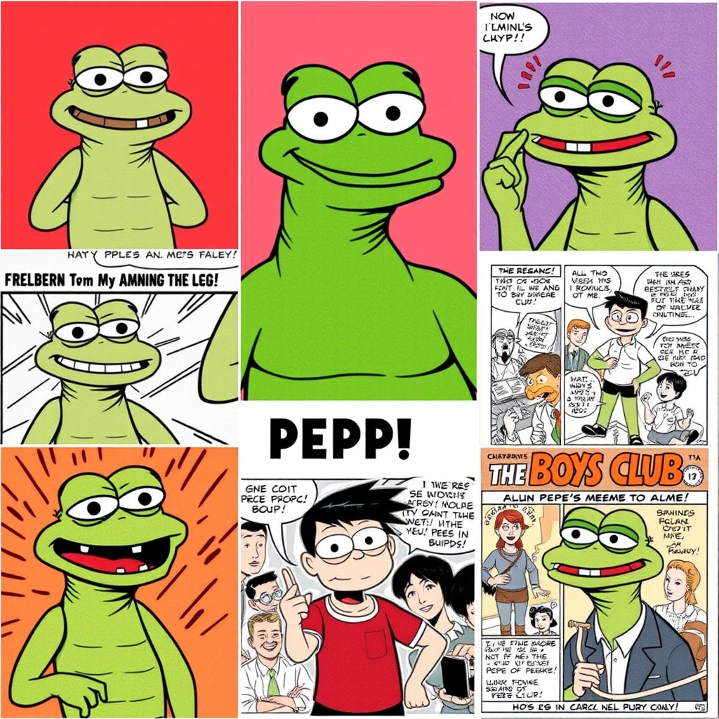 Collage showing various Pepe meme variations and original comic panels from Boys Club, illustrating the evolution from comic character to internet culture icon