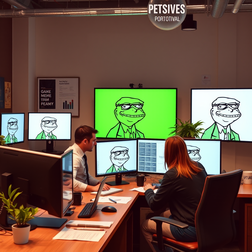 Professional editorial team working on computers, researching meme culture and internet trends, with Pepe artwork displayed on screens and walls