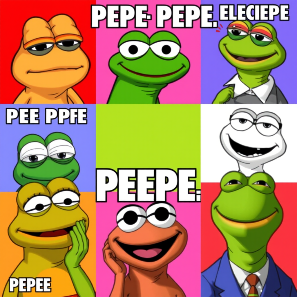 A colorful collage showcasing various popular Pepe meme variations including sad Pepe, happy Pepe, and creative new formats trending on social media platforms and internet forums