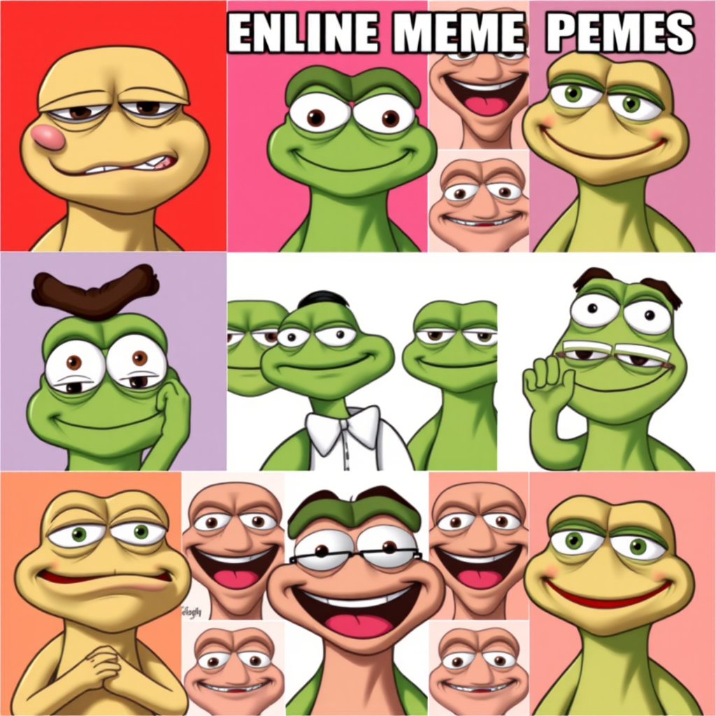 Collage of trending Pepe meme variations arranged in a grid format, showing different emotional expressions and artistic styles including sad Pepe, happy Pepe, and creative new formats popular on social media platforms