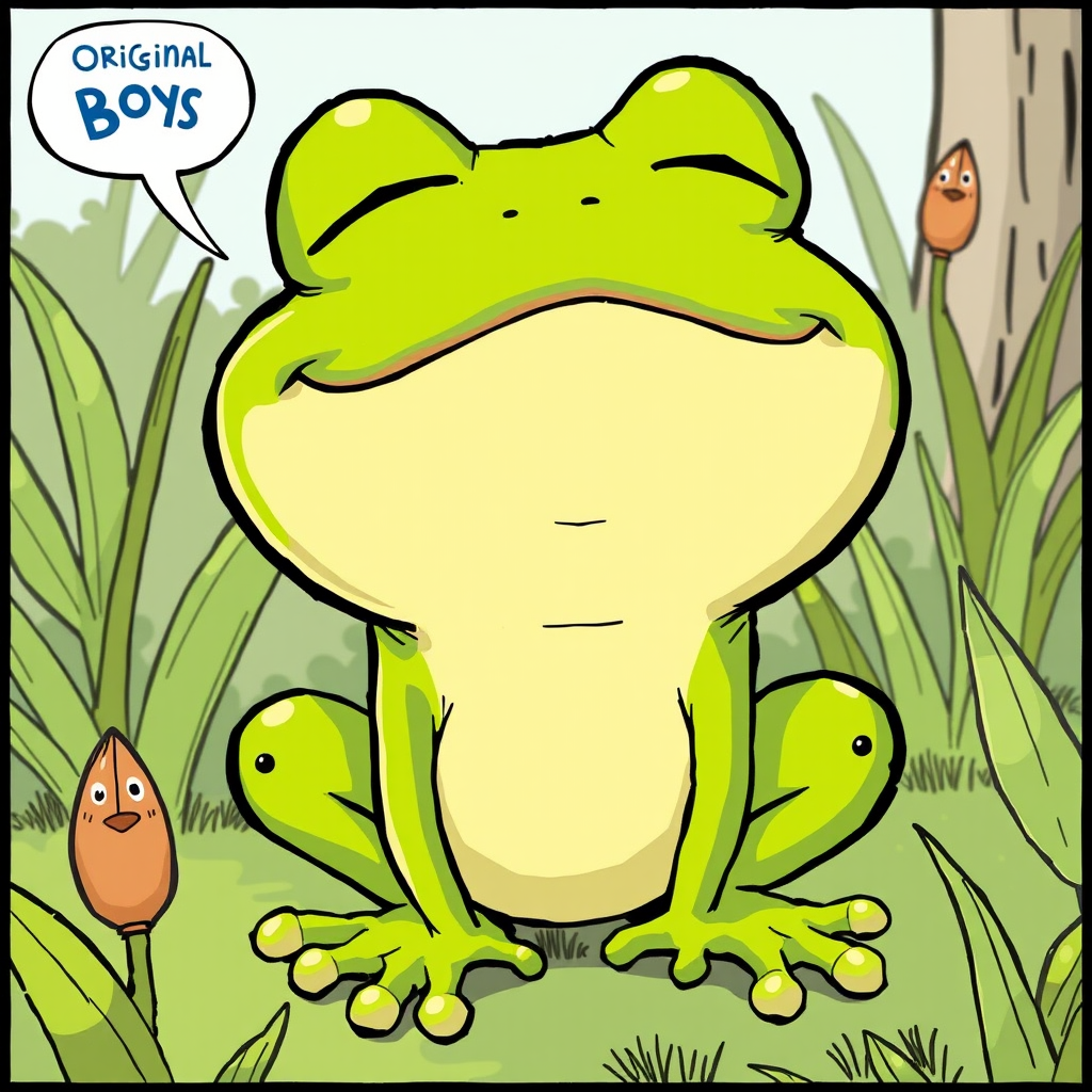 Original Boys Club comic panel showing Pepe the Frog in Matt Furie's distinctive art style, depicting the character's peaceful and content personality