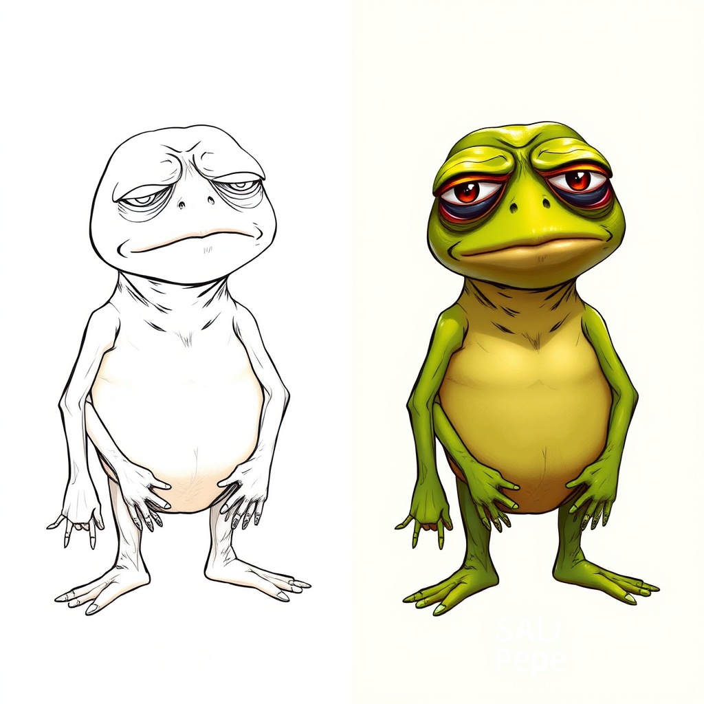 A side-by-side comparison showing the evolution of Sad Pepe from the original simple drawing to modern high-definition versions with enhanced details and artistic effects