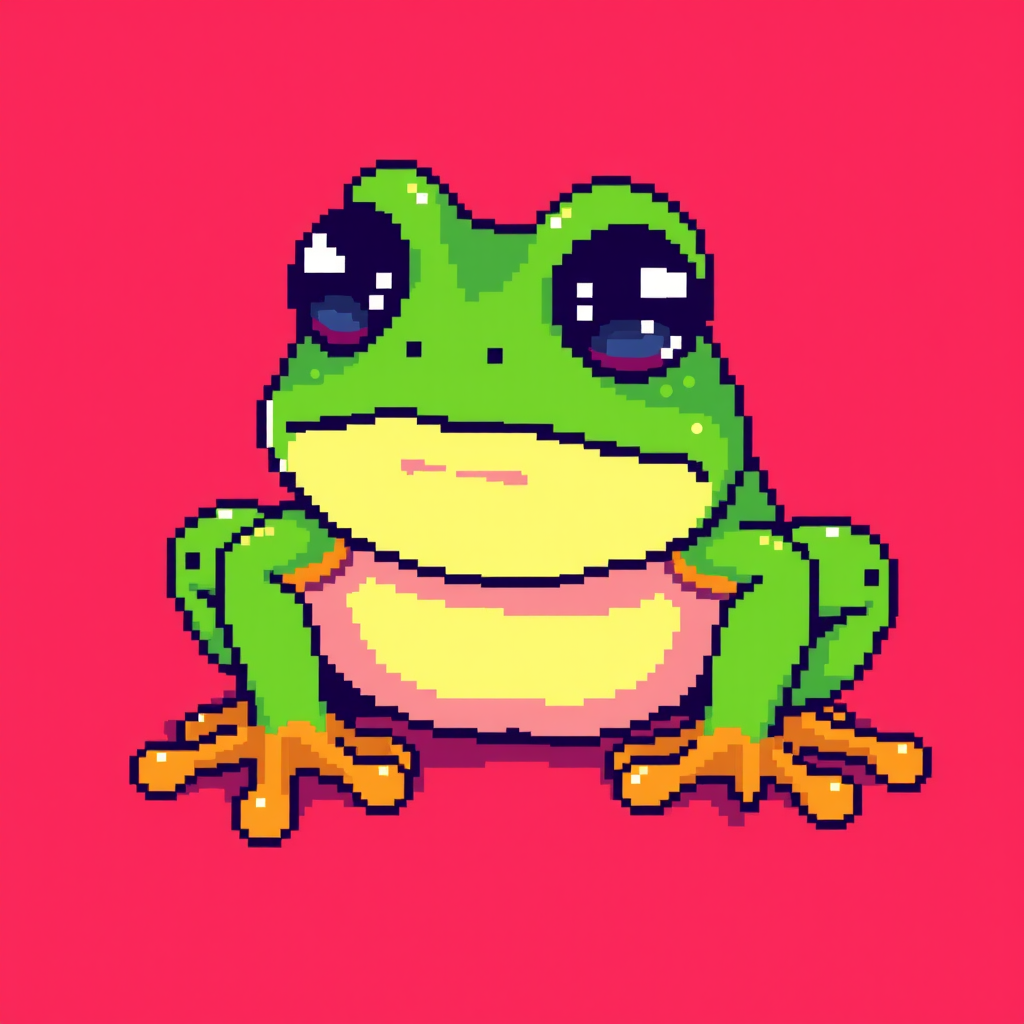Retro-style pixel art interpretation of Pepe the frog with vibrant 8-bit colors and classic video game aesthetics
