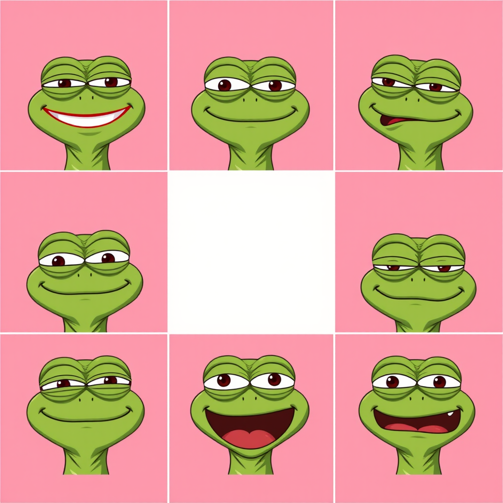Grid showing various Pepe expressions including happy, sad, angry, confused, and excited faces, demonstrating the character's emotional versatility in meme culture