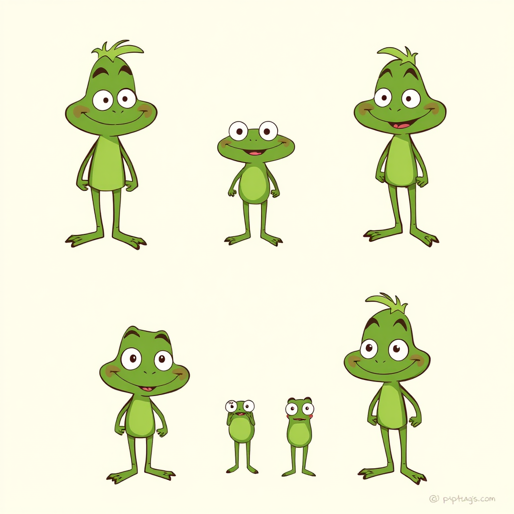 Character design sheet showing early Pepe illustrations with his classic green coloring and simple, friendly expression from the Boys Club era