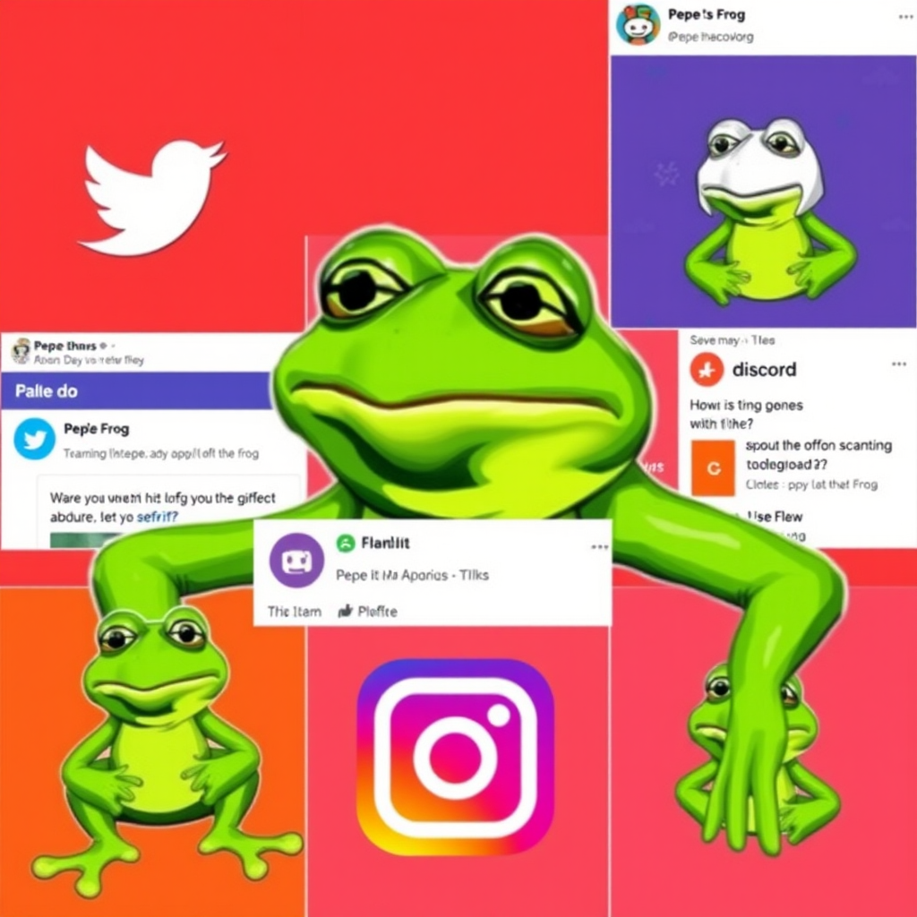 Collage showing Pepe the frog appearing across different social media platforms including Twitter, Discord, Reddit, and Instagram, illustrating his widespread digital presence