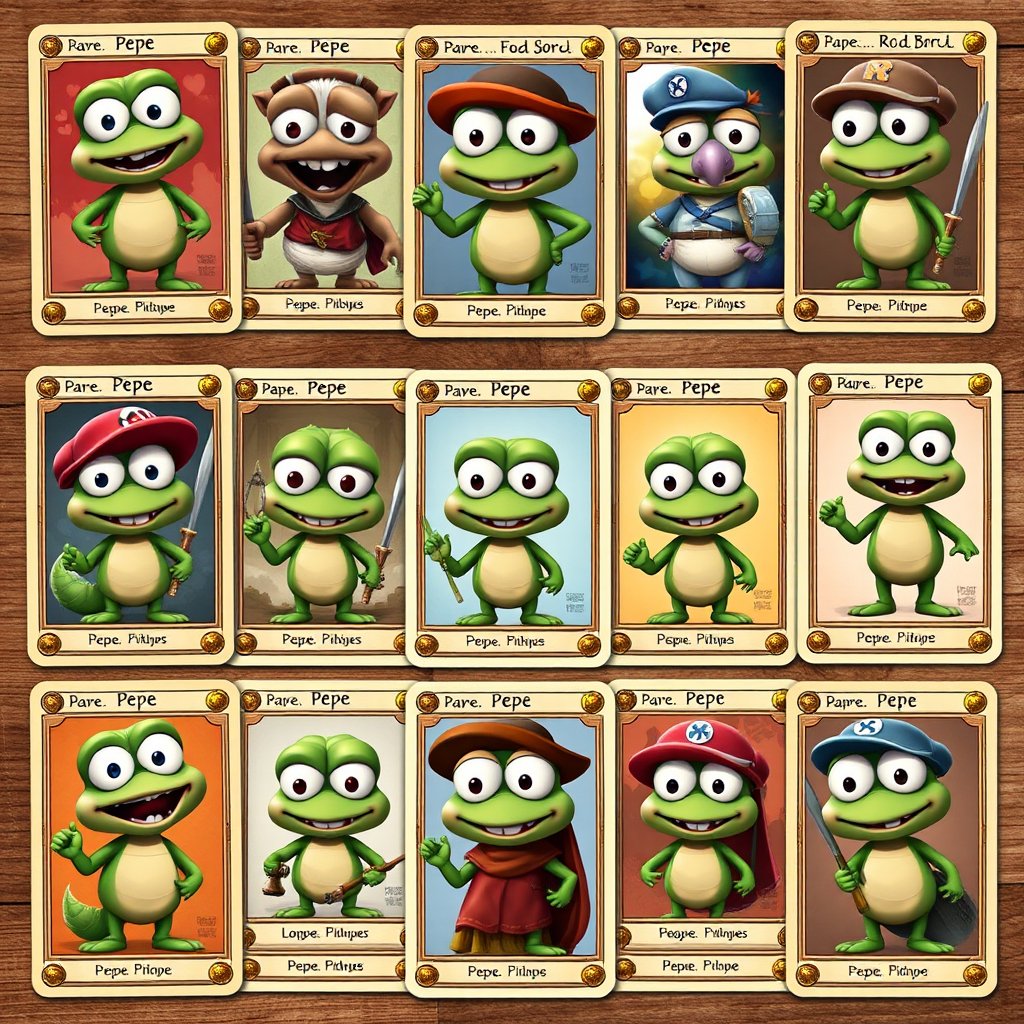 Collection of rare Pepe trading cards displayed in a grid format, showing various artistic interpretations and styles of the character in digital collectible form