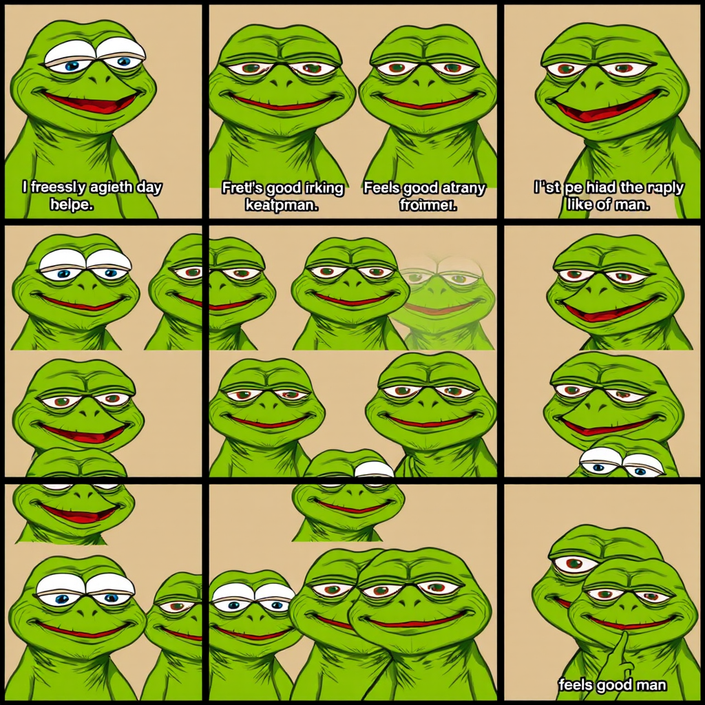 Grid showing various Pepe meme variations that emerged on 4chan, displaying different emotional expressions and contexts that expanded beyond the original 'feels good man' concept