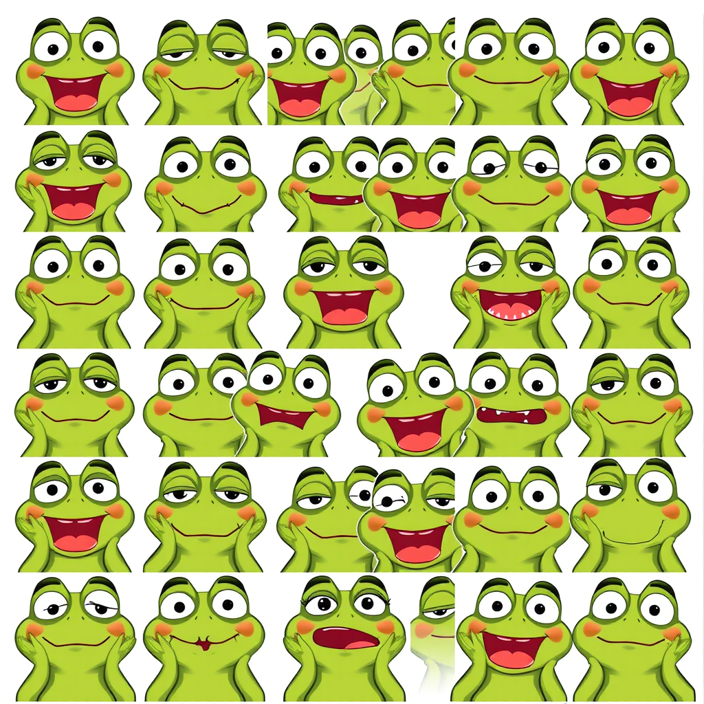 A grid of small Pepe reaction images showing various emotions like surprise, joy, confusion, and excitement, designed for use in online conversations