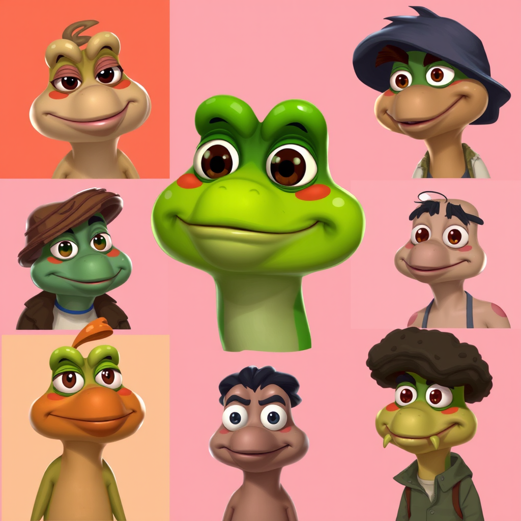 Digital artwork showing various artistic interpretations of Pepe created by different artists, showcasing the creative community that formed around the character