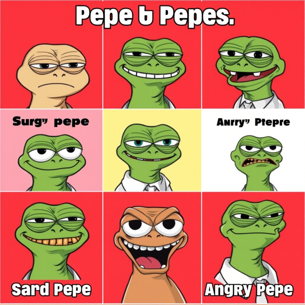 Grid showing different Pepe meme variations including Sad Pepe, Smug Pepe, and Angry Pepe, demonstrating the range of emotions and expressions in the character's evolution