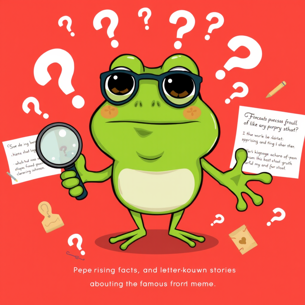 Mystery-themed illustration featuring Pepe surrounded by question marks, magnifying glasses, and hidden trivia elements, representing surprising facts and lesser-known stories about the famous cartoon frog meme character