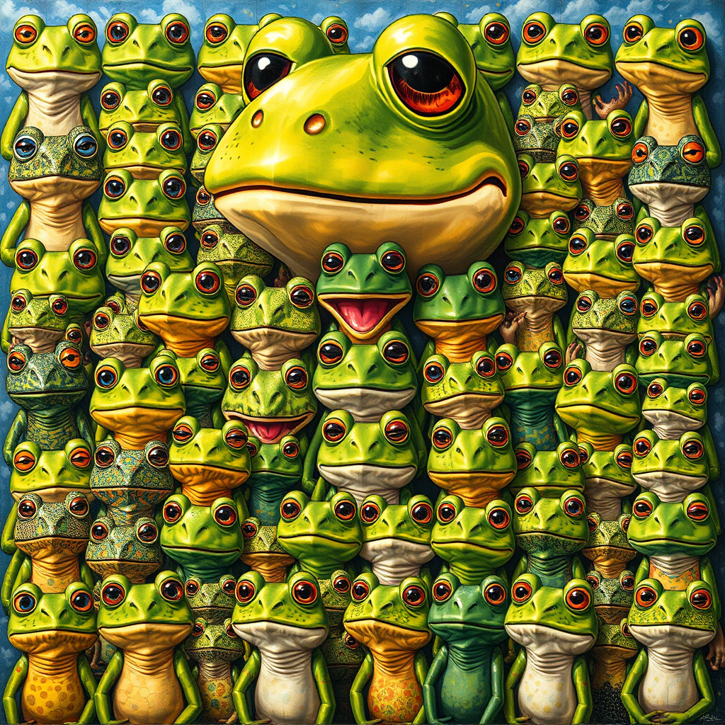 A large collaborative artwork featuring dozens of different Pepe variations created by various artists, arranged in a mosaic pattern with each section showing unique artistic styles and interpretations