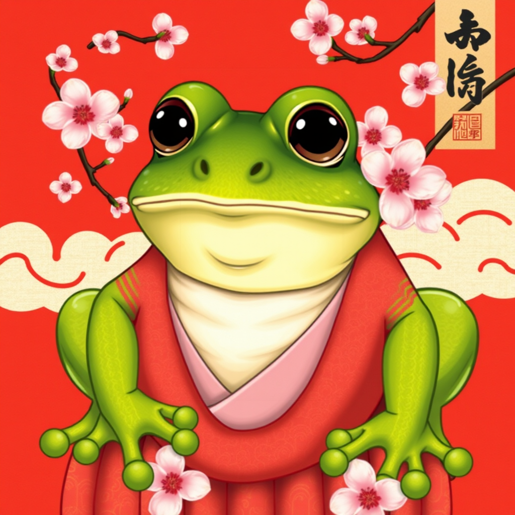 Pepe the frog reimagined in traditional Japanese art style with cherry blossoms and calligraphy elements
