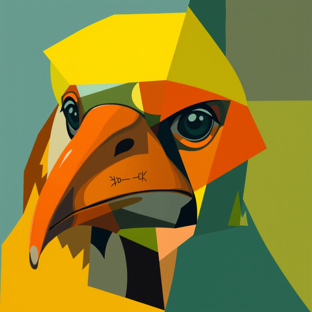 Abstract artistic interpretation of Pepe using geometric shapes and bold colors in a modern art style