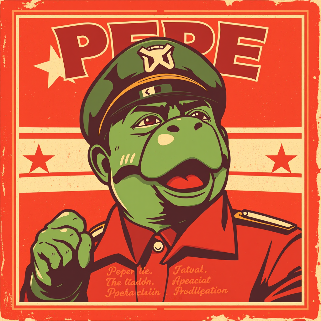 Vintage propaganda poster style artwork featuring Pepe with retro typography and classic poster design elements