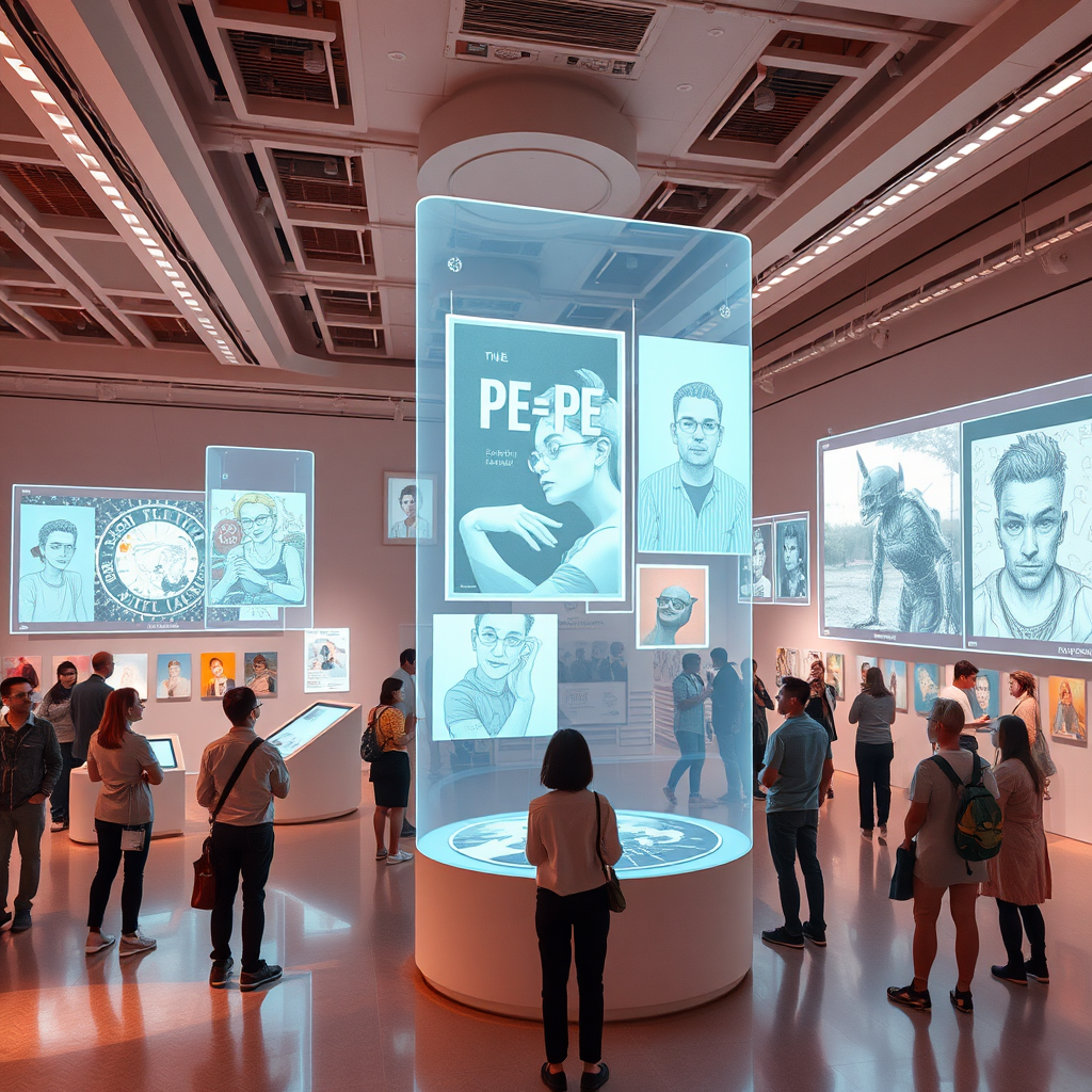 Futuristic digital art gallery space with holographic displays showing various Pepe artworks floating in mid-air with visitors viewing the interactive exhibits